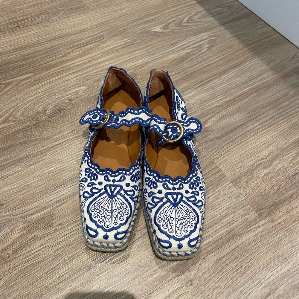 Embroidered Women's Shoes - Blue and White